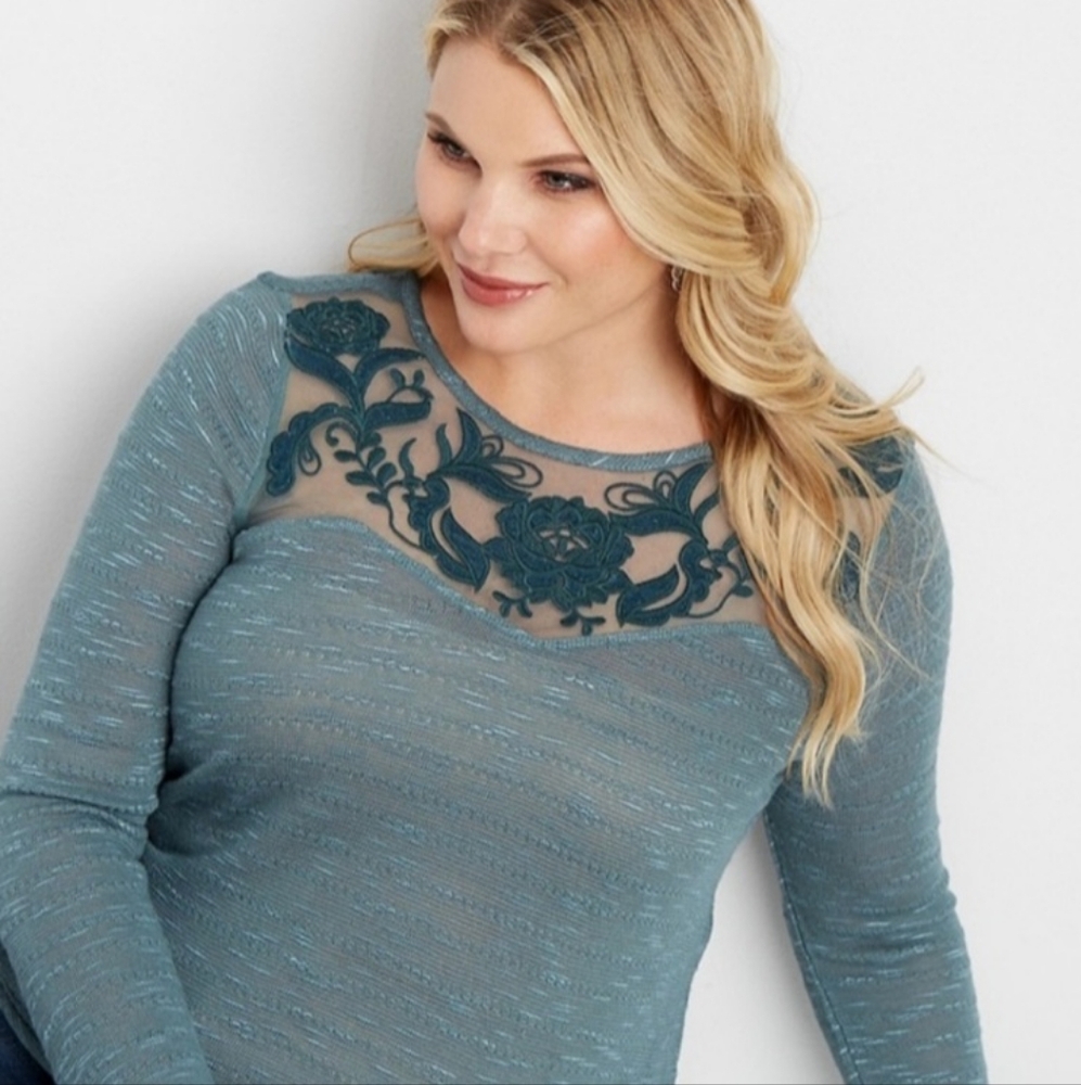 Maurice's Light Seafoam Sweater with Lace Detail. Size 1X